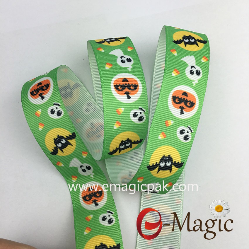 3color halloween print on green color ribbon