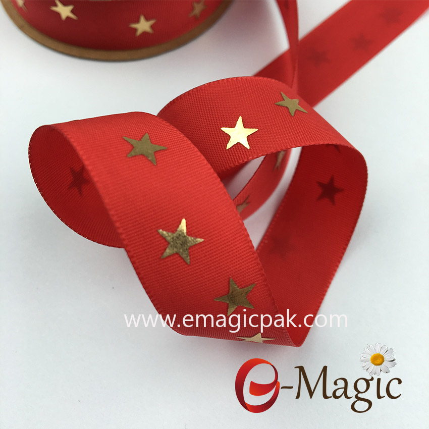 gold foil start print red taffeta ribbon