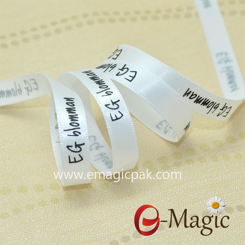 10MM black logo print on white satin ribbon