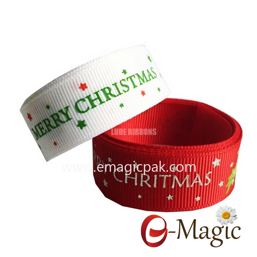 Christmas-07 factory silk screen custom printed grosgrain ribbon for packing box and gift box
