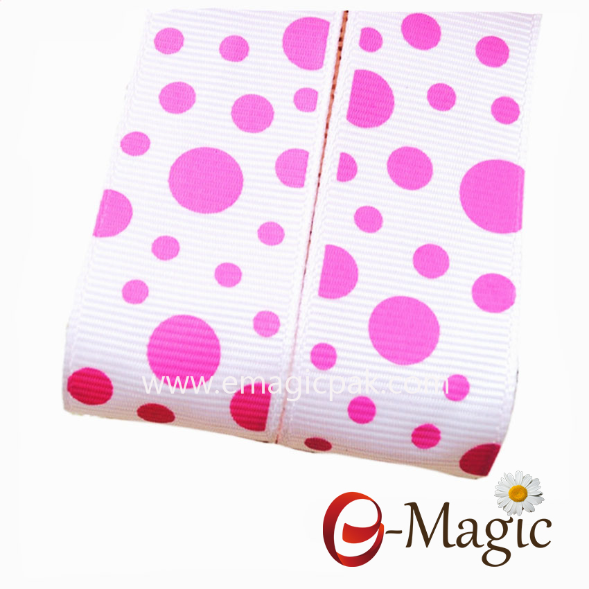 Dots-03  38mm polka dot printing pink polyester grosgrain ribbon wholesale