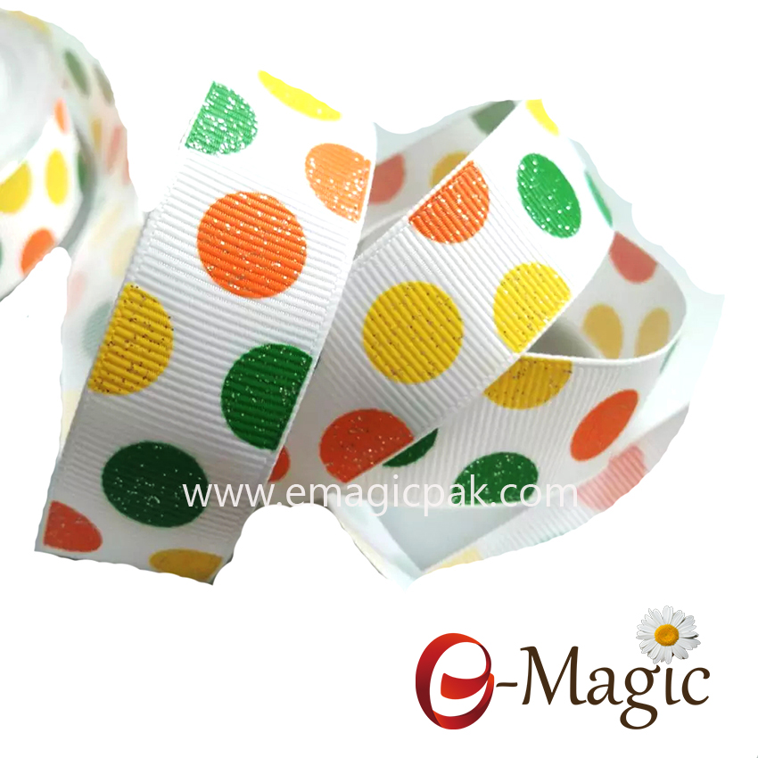 PR-025 Poly Tear Custom Color Yellow Green Polka Dot Print Grosgrain Ribbon