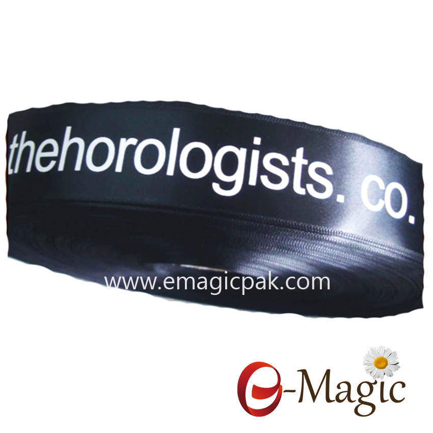 PR-016 black satin ribbon with white logo