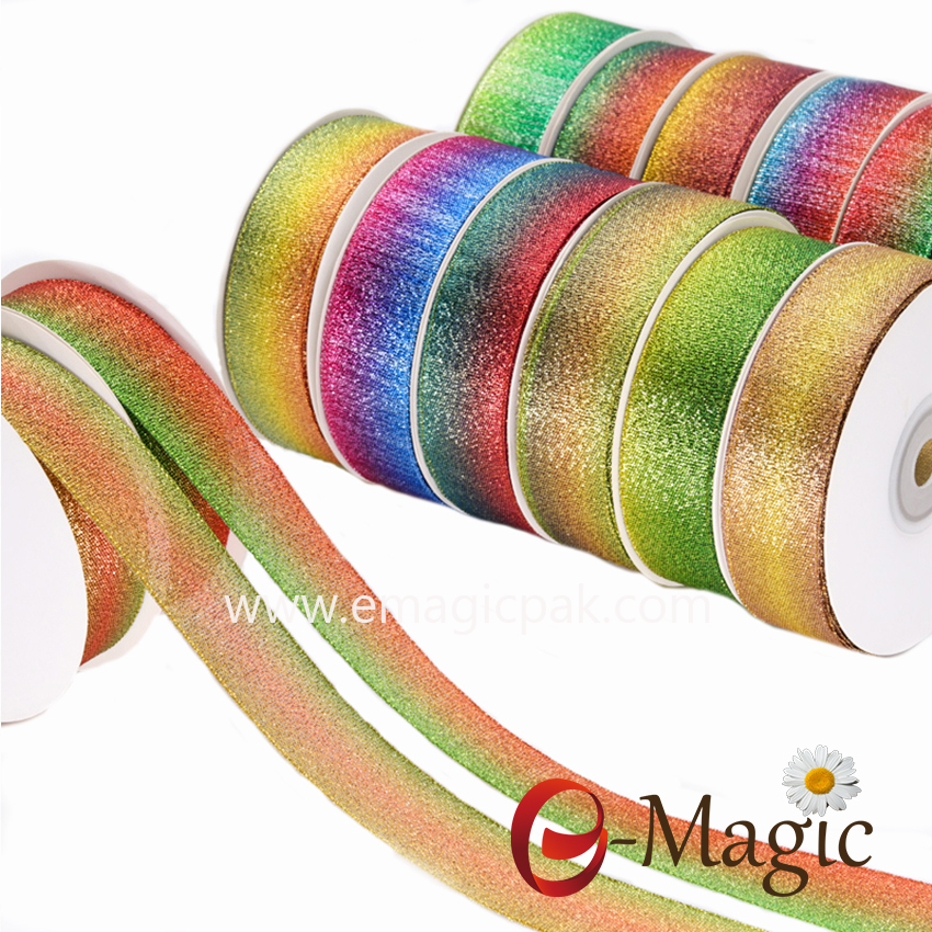 PB-025 factory wholesale printed rainbow glitter metallic ribbon