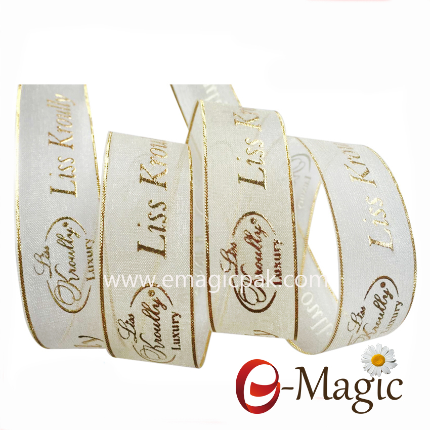 PB-025 High Quality Customize Printing Gold Sliver Wire edge Organza Ribbon