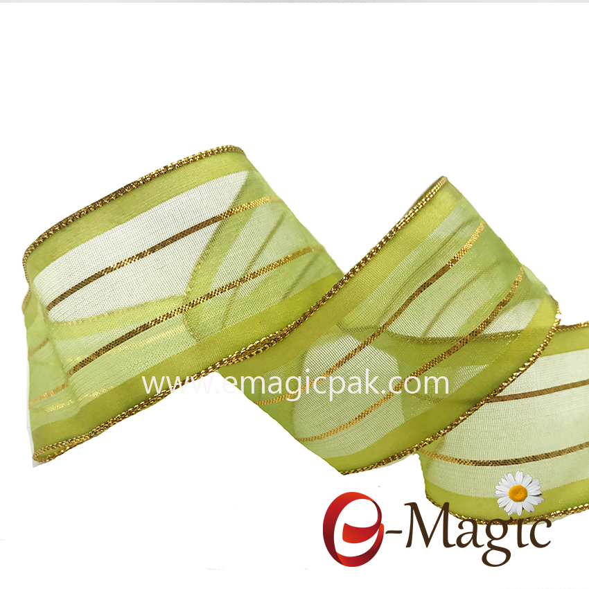 OR4-025 Wholesale gold side with organza packing gift Wire ribbon