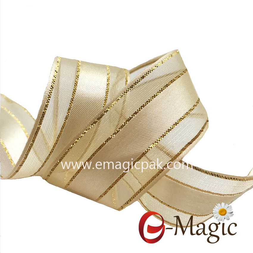 OR4-025 satin side organza ribbon with gold wire,organza ribbon