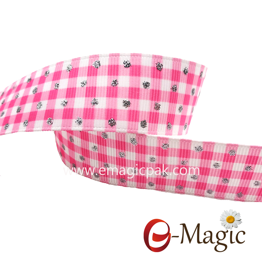 PR-025 Hotsale heat transfer tartan grosgrain ribbon with glitter