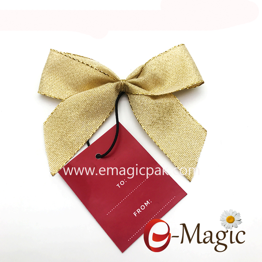 RB-050 Wholesale price Gift packing gold ribbon bow with tag