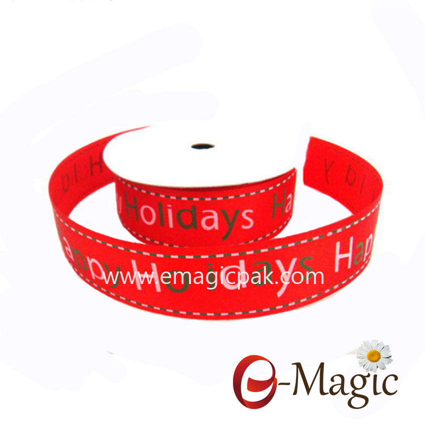 Christmas-028  Satin printed ribbon with screen ink print in 2 colors