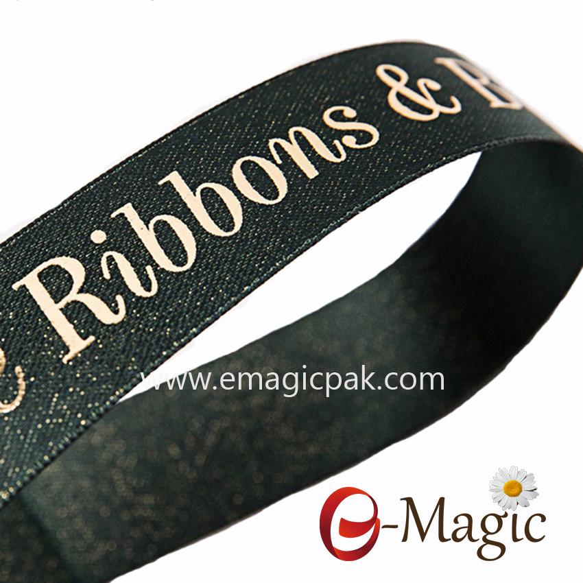 PR-025  Lurex satin ribbon with puff print logo in 3d look