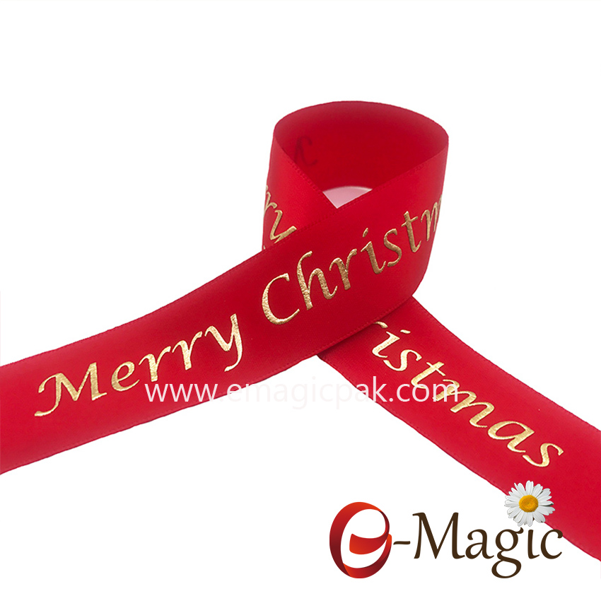 PR-025  1 inch satin Ribbon with puff foil printing logo in European gold with 3D look