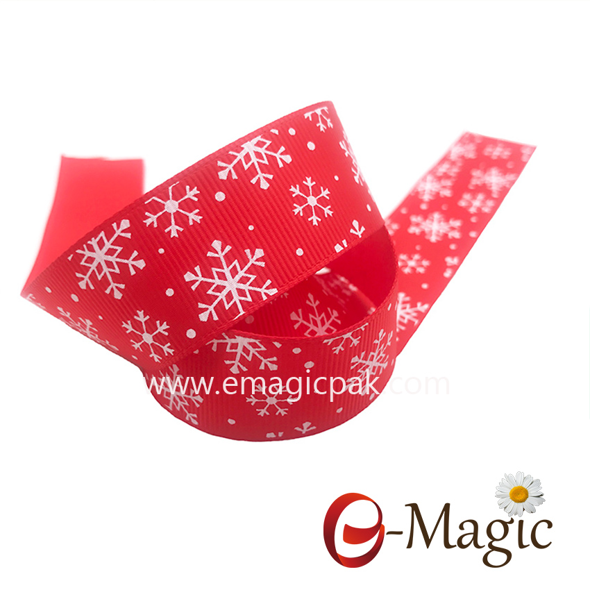 Christmas-031   1 inch polyester grosgrain screen ink print white snowflake printed ribbon
