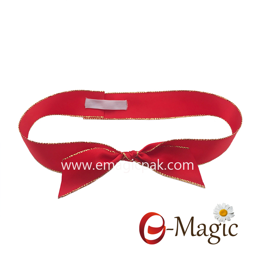 PB-081   25MM gold edge polyester satin ribbon pre made elastic ribbon bow for chocolate box packaging