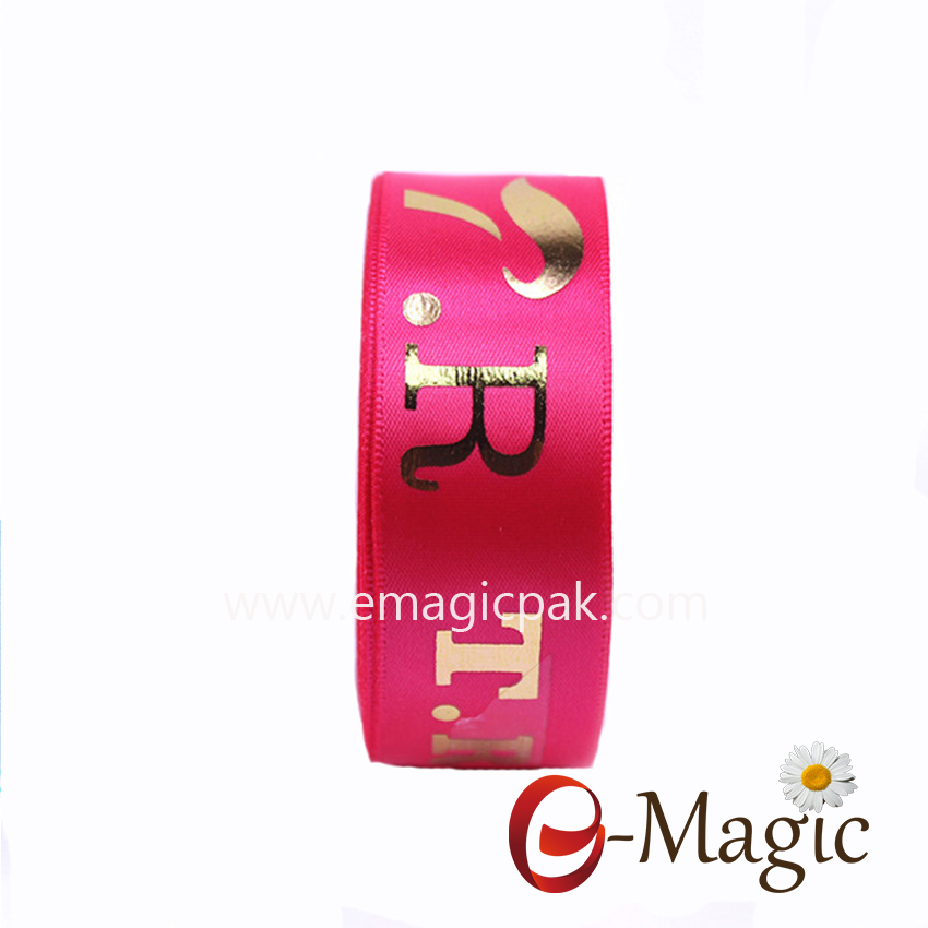 PR-022   22MM satin ribbon with hot stamp foil print logo in European gold