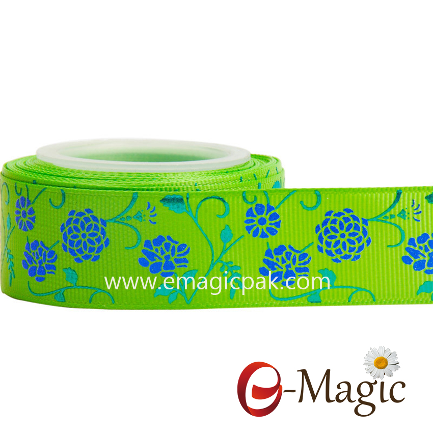 Flower-017  25MM width polyester grosgrain printed ribbon with foil blue flower printed ribbon