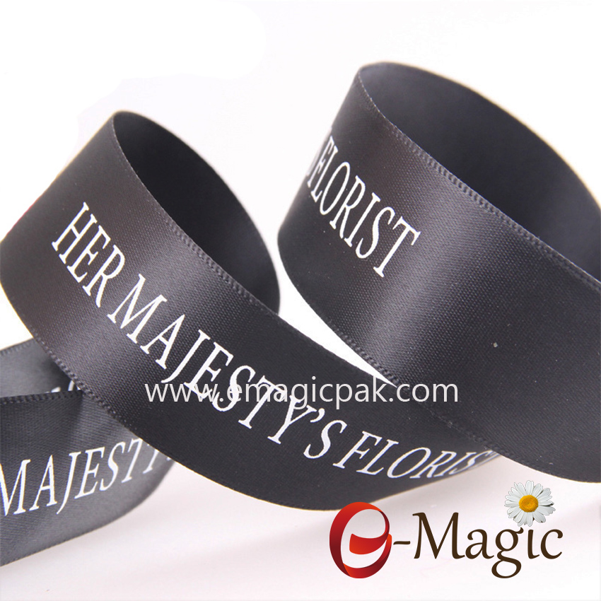 PR-025   1 Inch polyester double face satin ribbon with screen ink printing logo in white