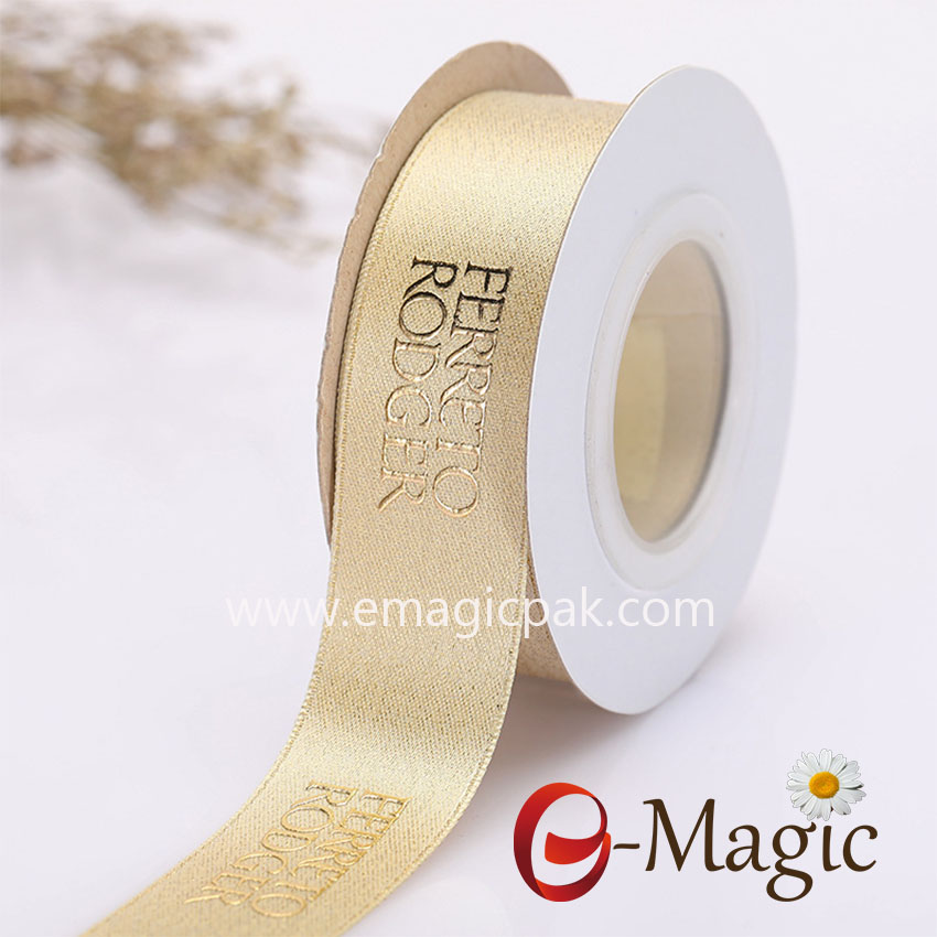 25MM width polyseter gold metallic satin ribbon with plastisol foil print logo in European gold