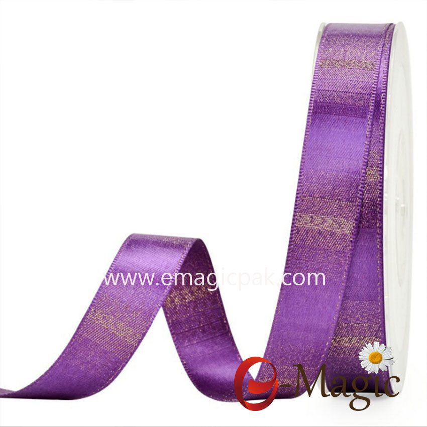 16MM width 100%polyester satin ribbon with weaving gold metallic 