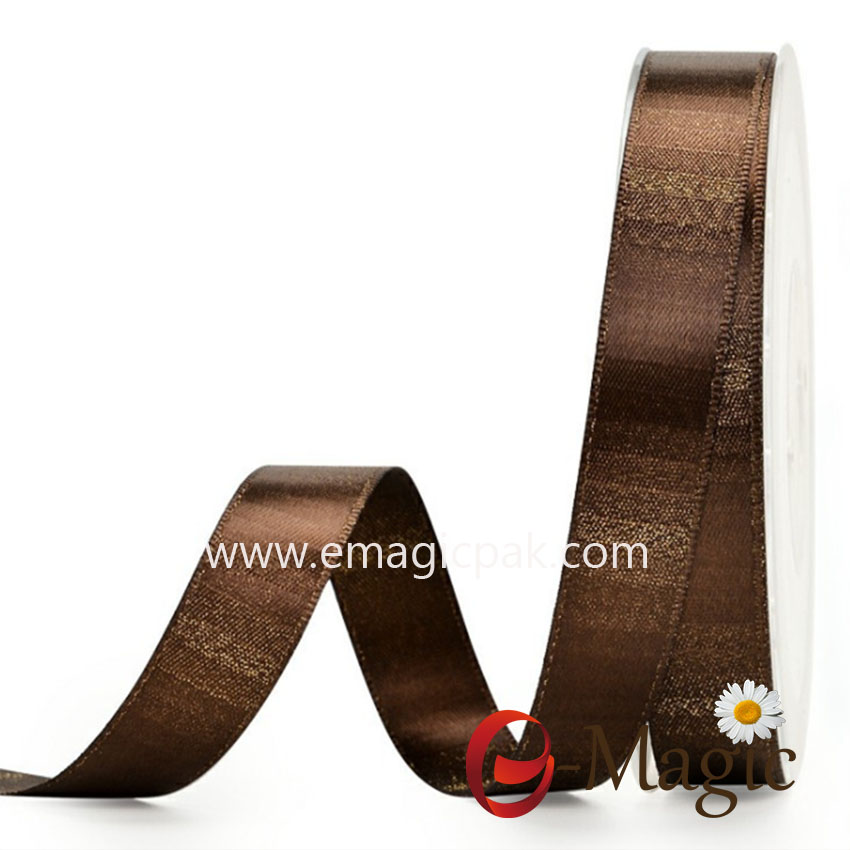 5/8 inch Brown satin ribbon with weaving gold metaillic for chocolate decoration 