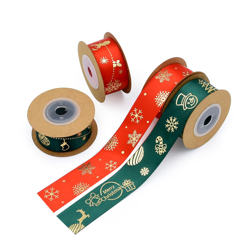 PR-025   100% polyester 25mm 50y/roll New Foil Gold Printed xmas satin ribbon Christmas wired decoration Ribbon For gift