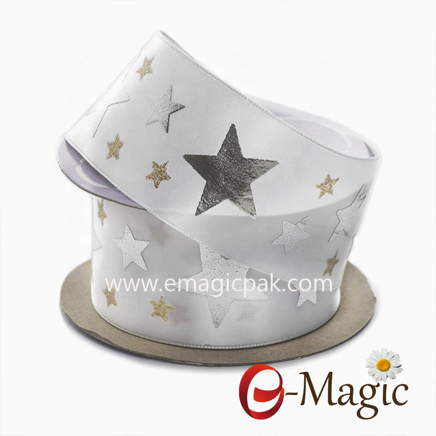 Star-09  star pattern custom satin ribbon silver foil and glitter printed ribbon