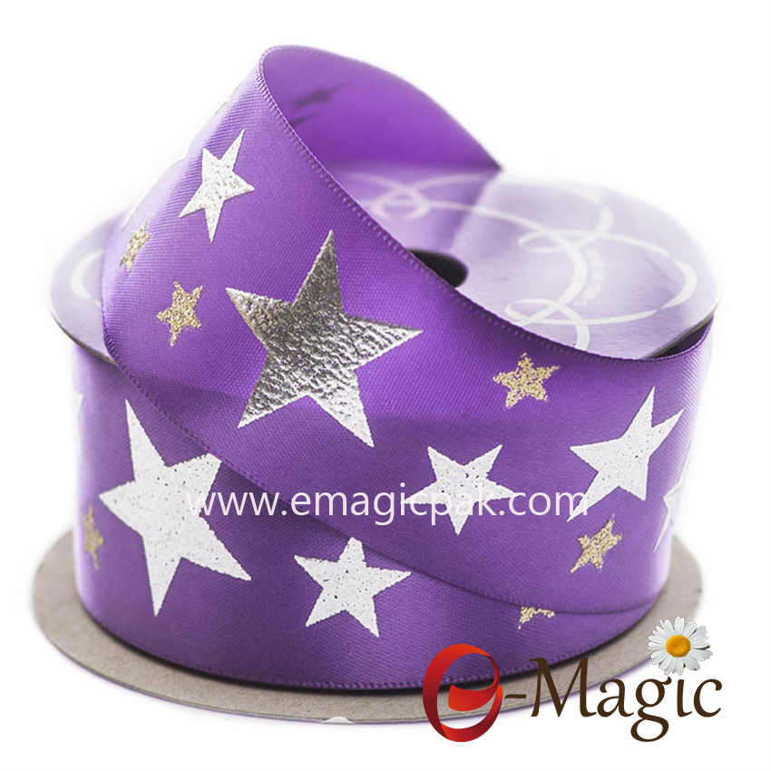 Star-10   Spring New Ribbon Silver Star Plating Print Satin Ribbon 