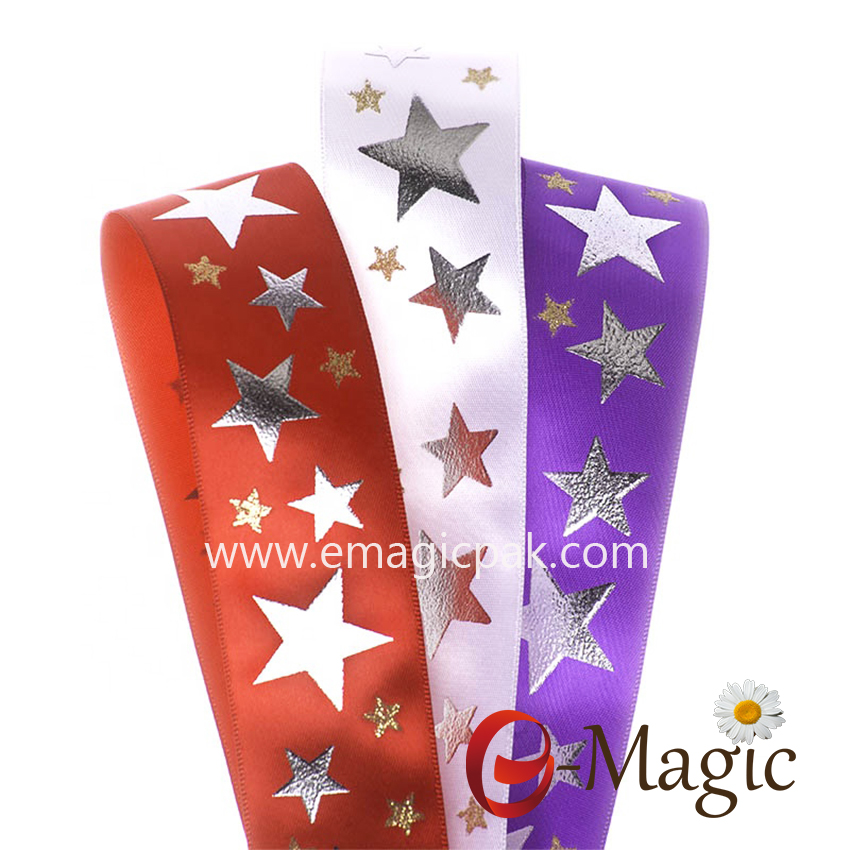 Star-11   Custom Pink Color Stars Design Personalised Satin Ribbon For Gifts decoration