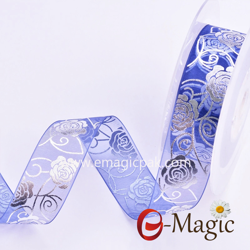 Mothers-07  Blue Organza ribbon with print rose flower design