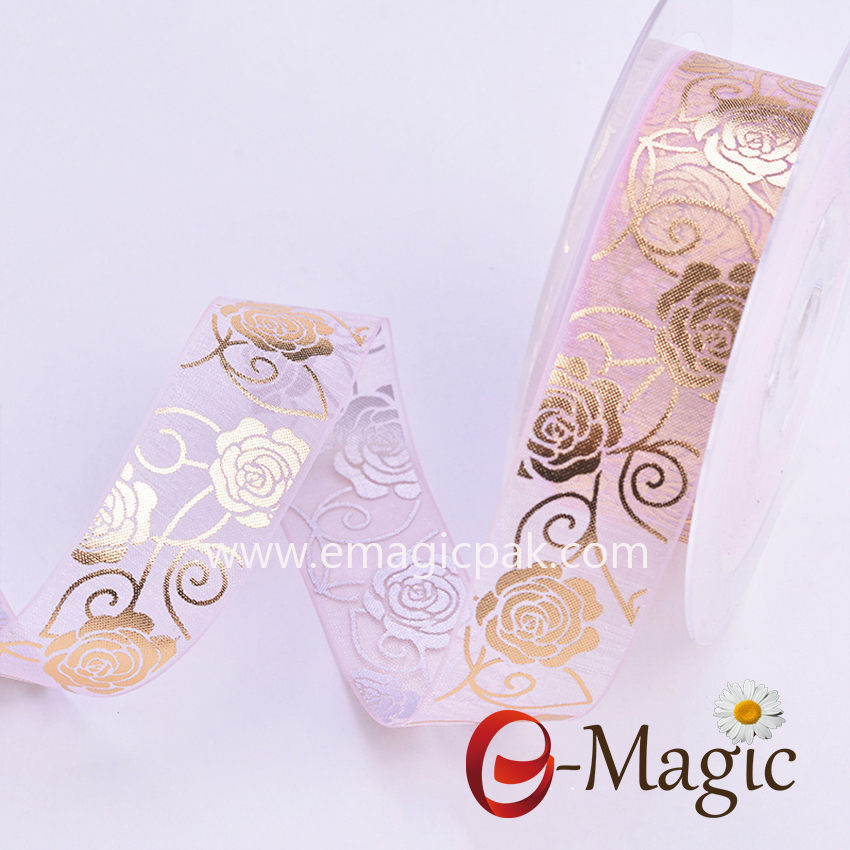 Mothers-09  Organza ribbon with Rose printing in gold