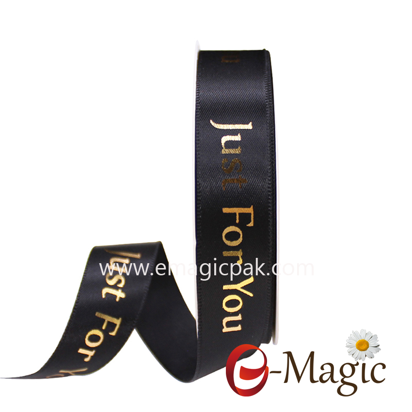 customized colorful logo printing emboss foil printed black satin ribbon