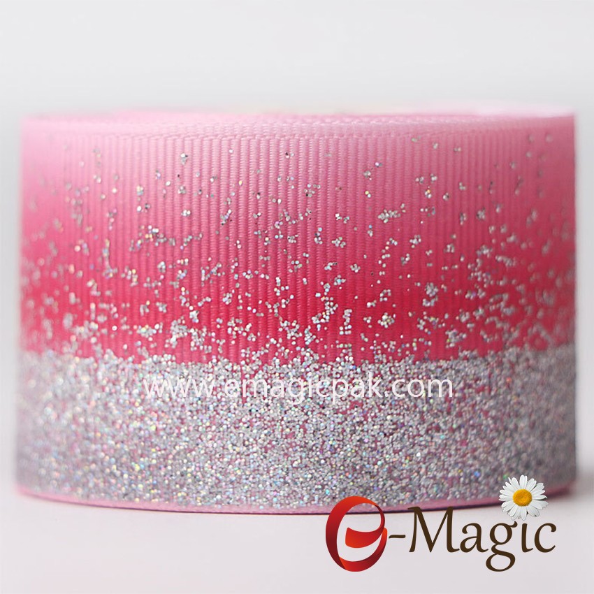 PR-038 Lovely pink heat transfer grosgrain ribbon with silver glitter