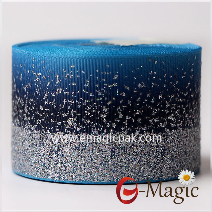 PR-038  High quality blue heat transfer grosgrain ribbon with silver glitter printing 