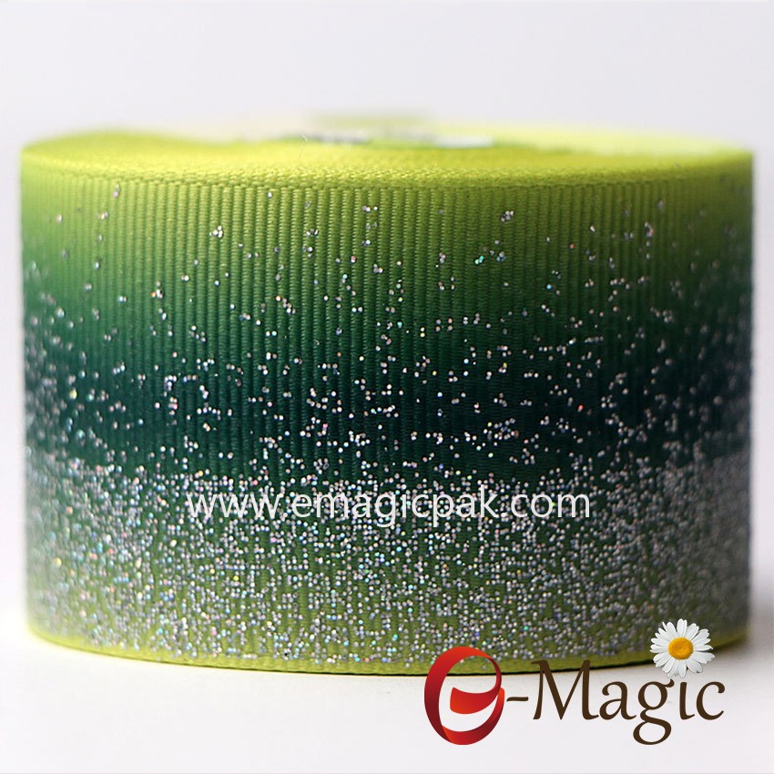 PR-038  Spring green heat transfer printing grosgrain ribbon with silver glitter 