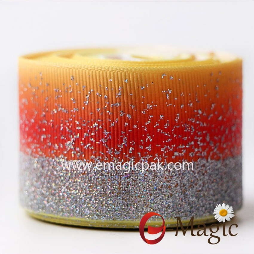 PR-038   hotsale grosgrain ribbon heat transfer orange with glitter siliver printing 