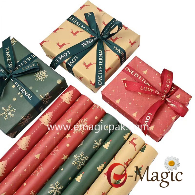 E-Magic Low MOQ Custom Logo Printed 3D Floral Embossed Brown Paper 100g Kraft Paper for Gift Wrapping